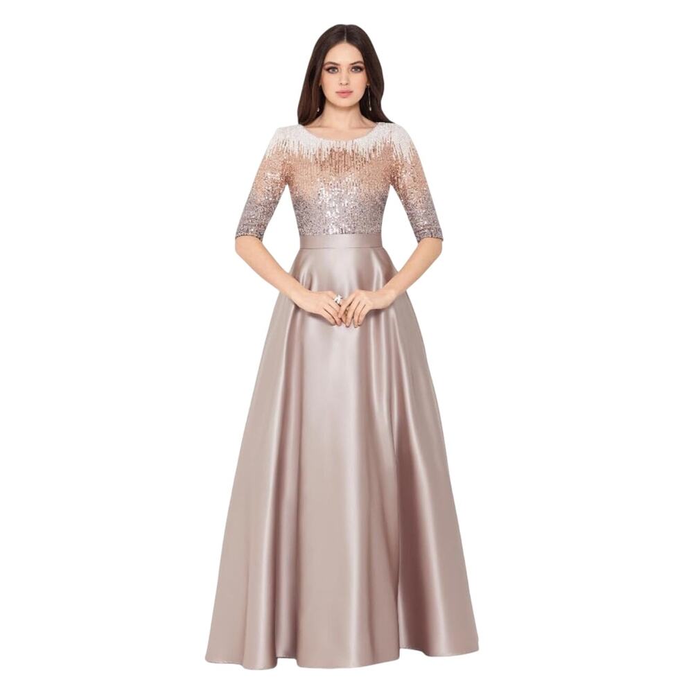 Betsy & Adam Embellished Satin Ball Gown Mocha Gold Silver 8P